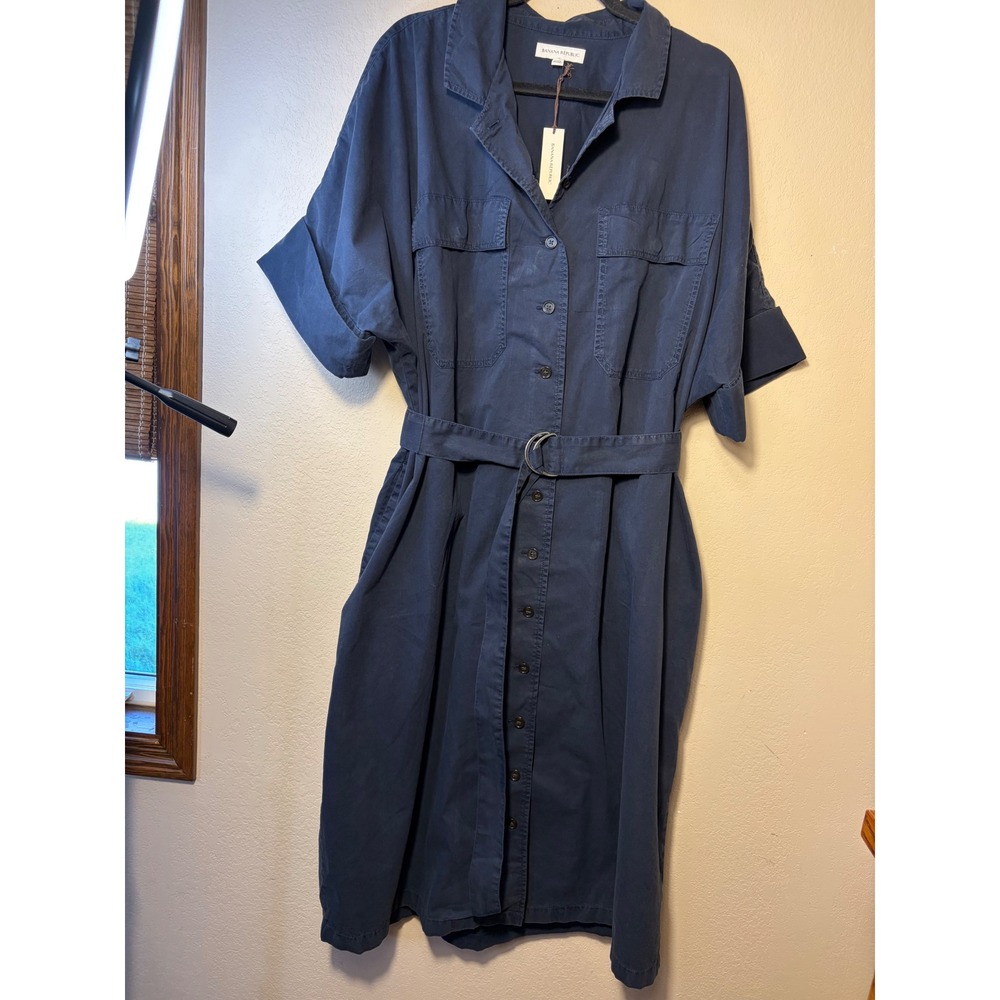 Banana Republic Navy Blue Utility Shirt Dress Cotton Belted Midi XL 873289-00